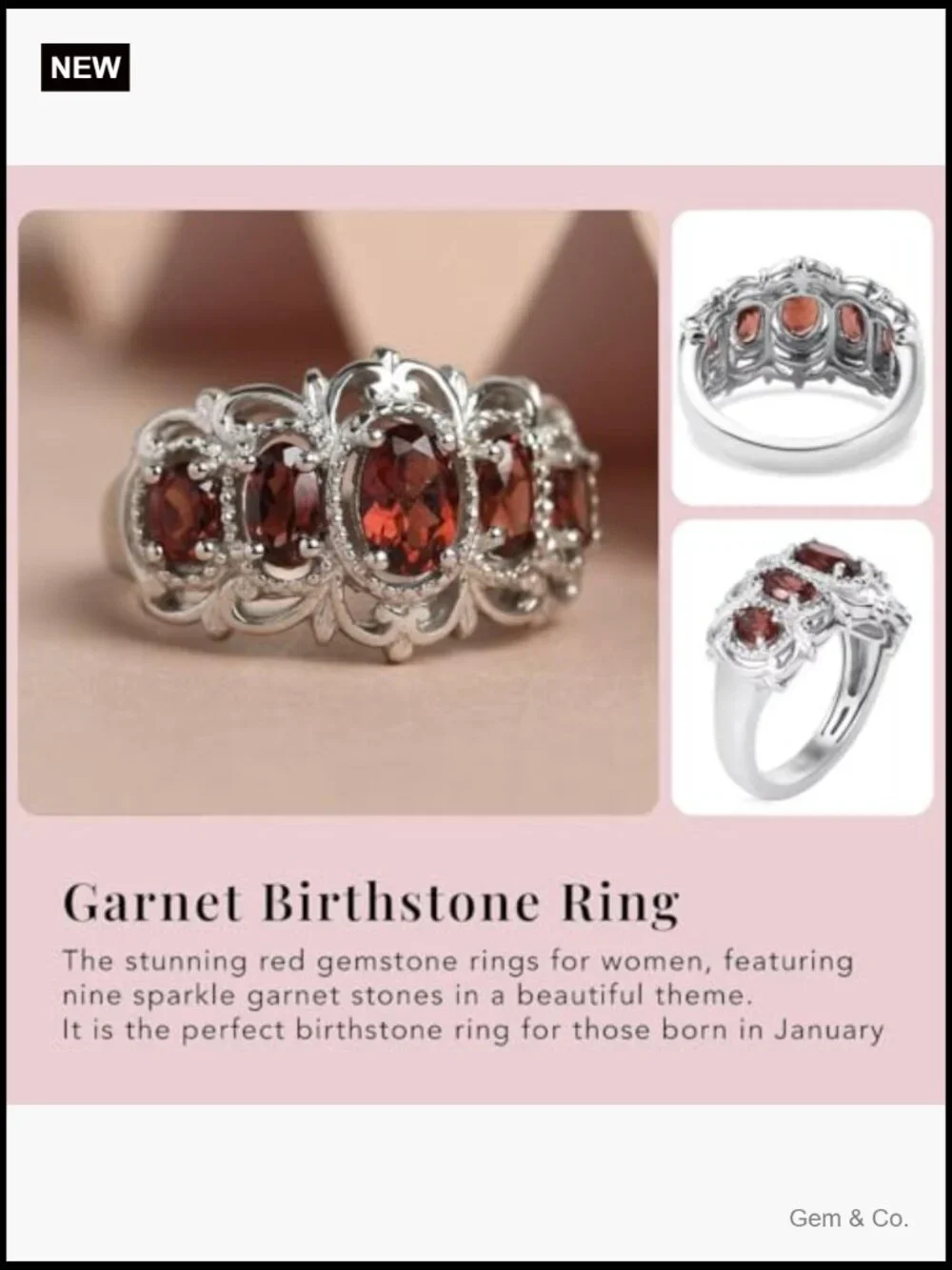 Vintage Style 5 Stone Garnet Ring Platinum Plated Promise Ring